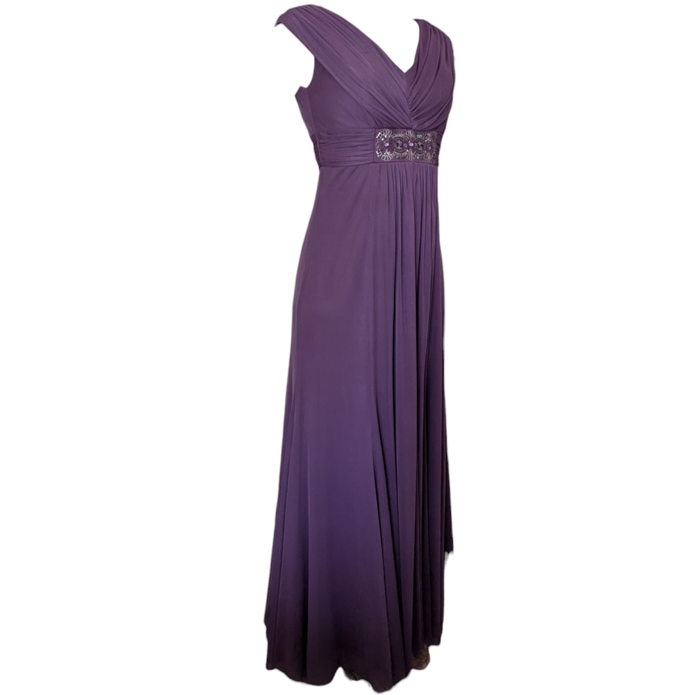 Gorgeous lilac gown with sheer layers, beaded belt, empire waist. David's bridal